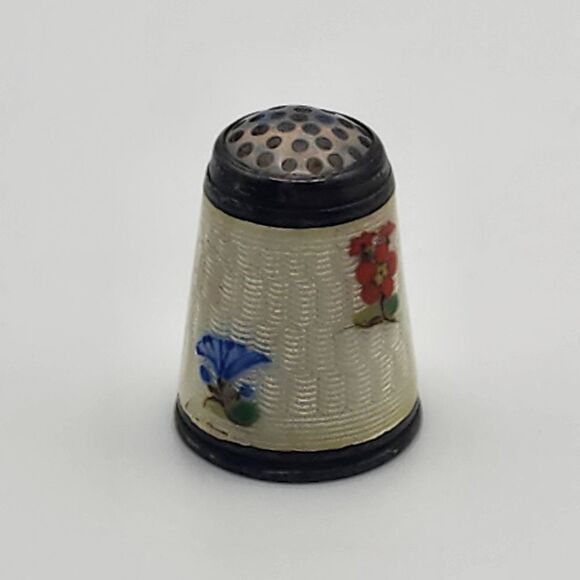 Vintage Sterling Silver Guilloche Enamel & Painted Flower Thimble - Picture 3 of 6